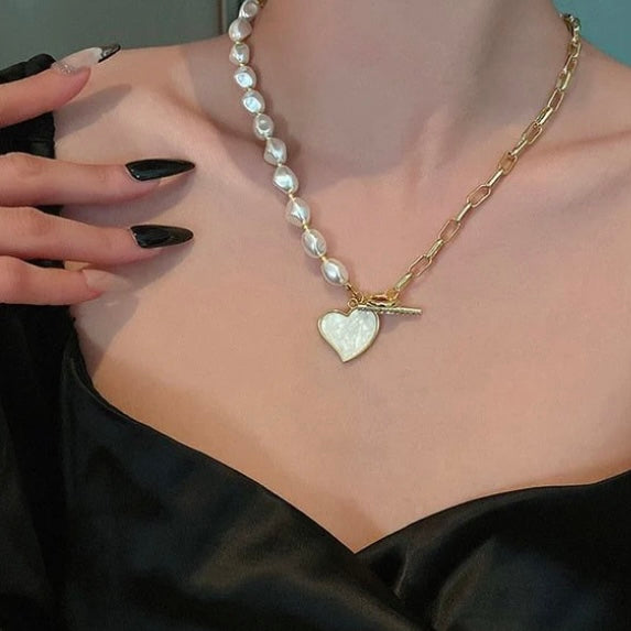 Lopsided 14k Gold Heart Shaped Pearl Pendant Necklace w/ Sapphire Chrystal Encrusted Toggle Clasp