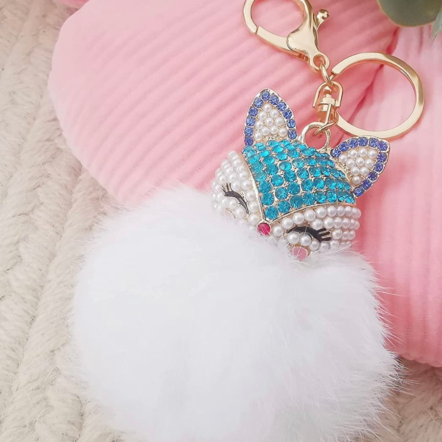 Llavero con pompón hinchado de piel sintética con cabeza de zorro súper lindo con zafiro multicolor, circonita cúbica y perla