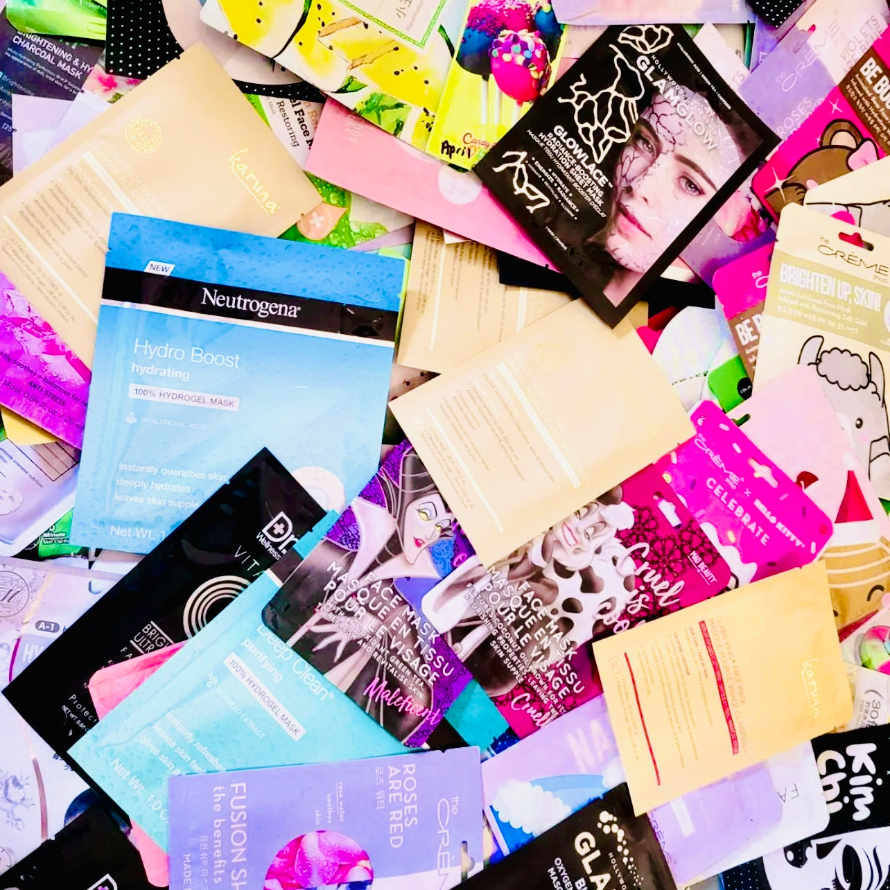 Photo showing several hundred sheet masks that we use to incorporate into our monthly masks boxes.