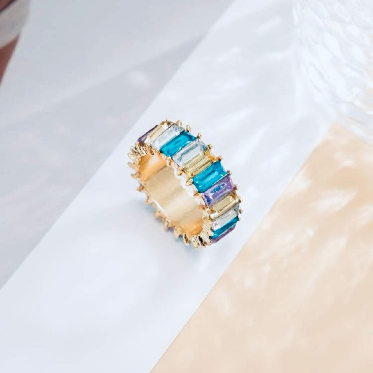 Multi-Colored CZ Crystal Eternity Baguette Ring, Size 8, Perfect Stackable Jewelry Gift