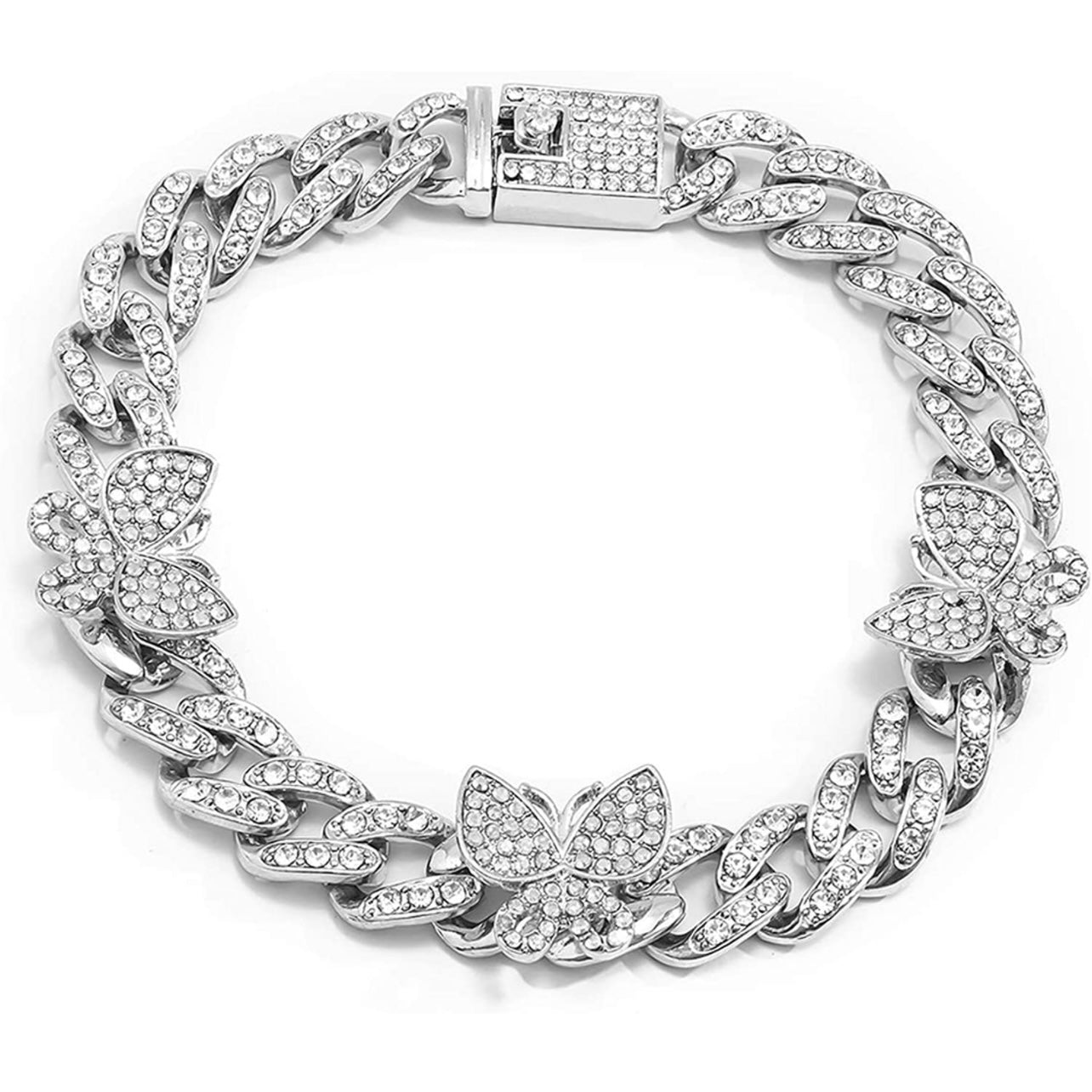 Impresionante pulsera de tobillo con eslabones cubanos y mariposas de diamantes de imitación para mujer