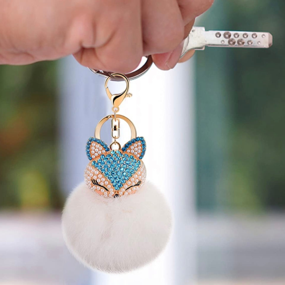 Llavero con pompón hinchado de piel sintética con cabeza de zorro súper lindo con zafiro multicolor, circonita cúbica y perla