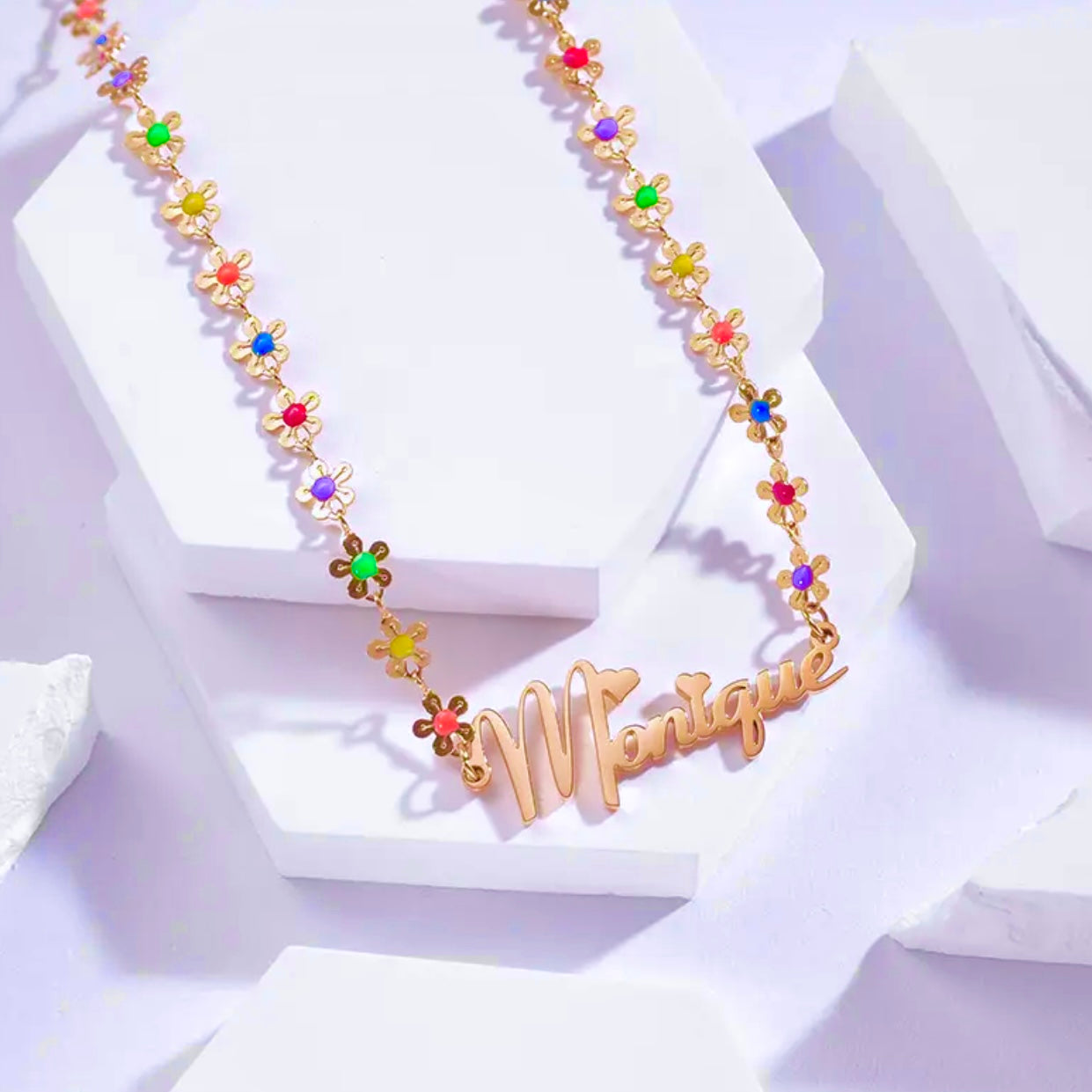 14k Gold Stainless Steel 3D Multi-Color Flower And Butterfly Custom Name Necklace