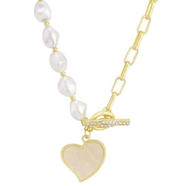 Lopsided 14k Gold Heart Shaped Pearl Pendant Necklace w/ Sapphire Chrystal Encrusted Toggle Clasp