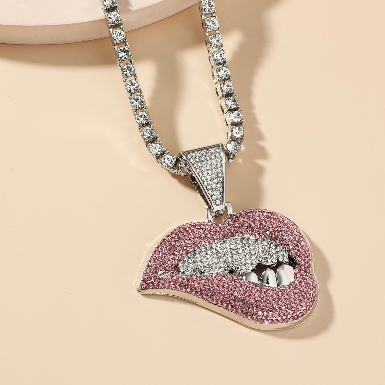 Stunning Gold Lips Encrusted CZ Rhinestone’s Pendant Necklace