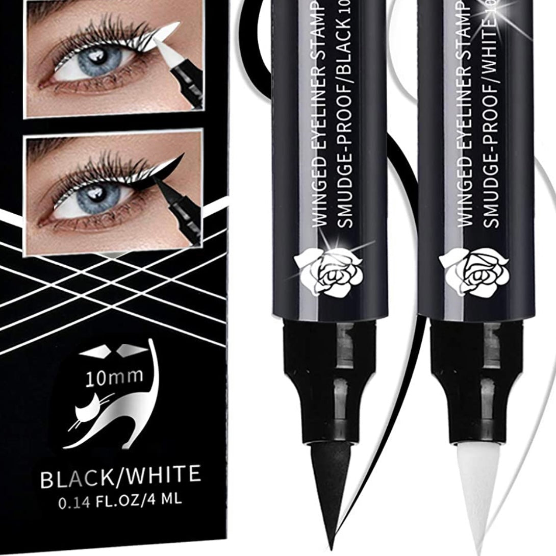 2 sellos de diseño con forma de ojo de gato alado en blanco y negro