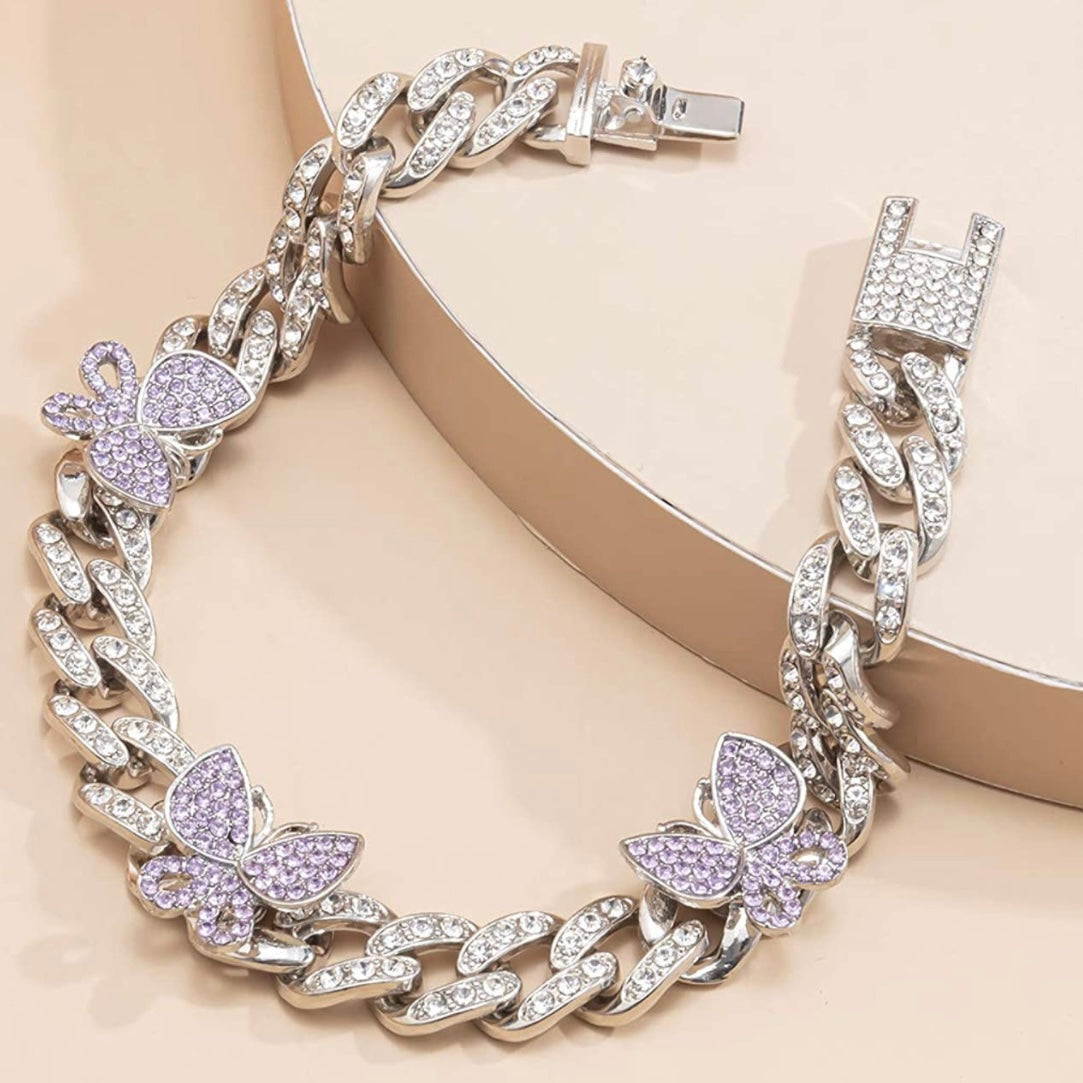 Impresionante pulsera de tobillo con eslabones cubanos y mariposas de diamantes de imitación para mujer