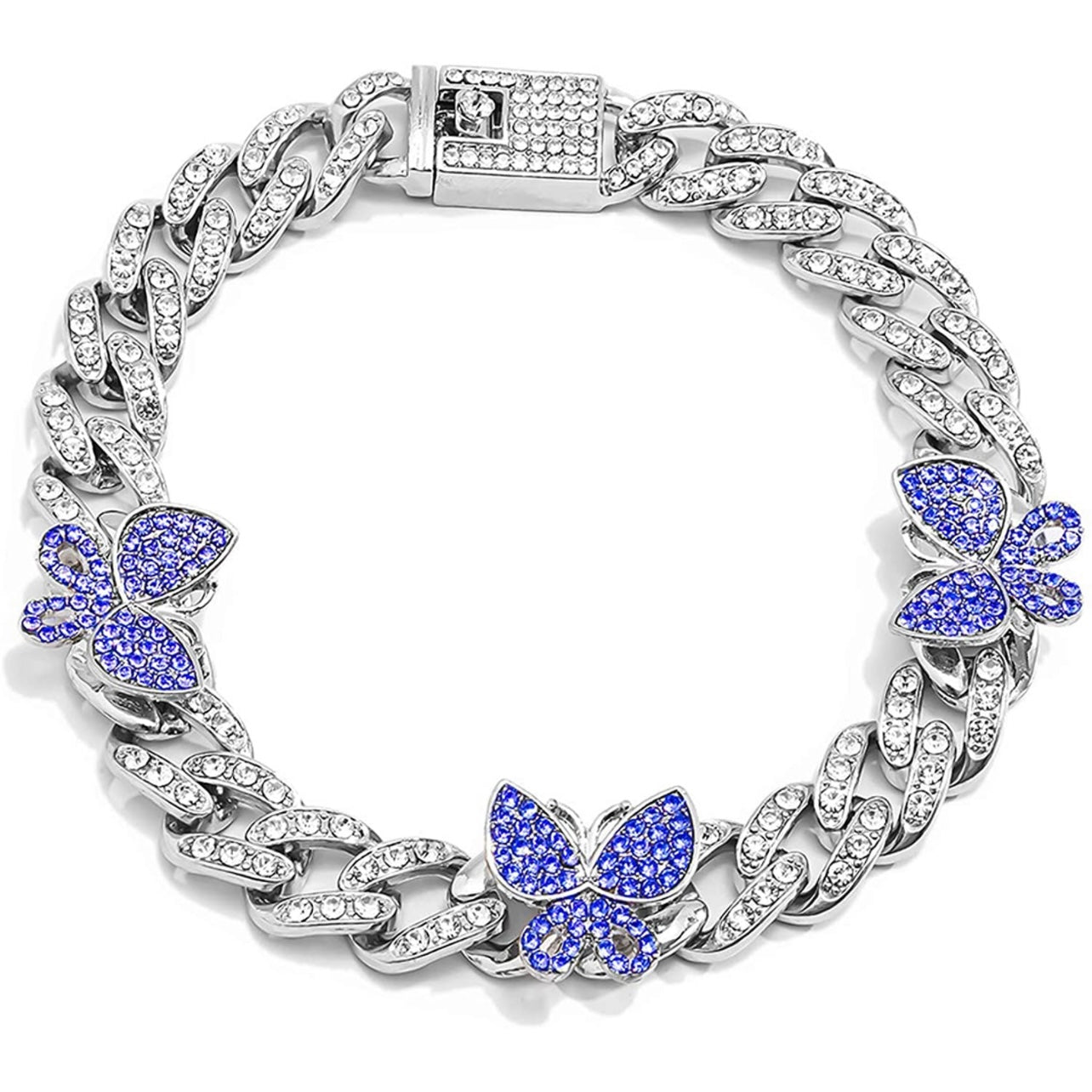 Impresionante pulsera de tobillo con eslabones cubanos y mariposas de diamantes de imitación para mujer