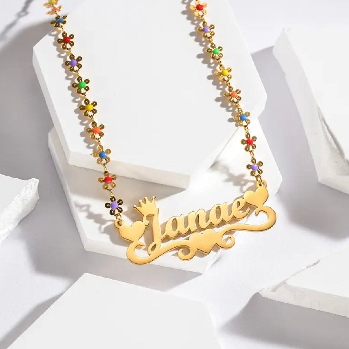 14k Gold Stainless Steel 3D Multi-Color Flower And Butterfly Custom Name Necklace