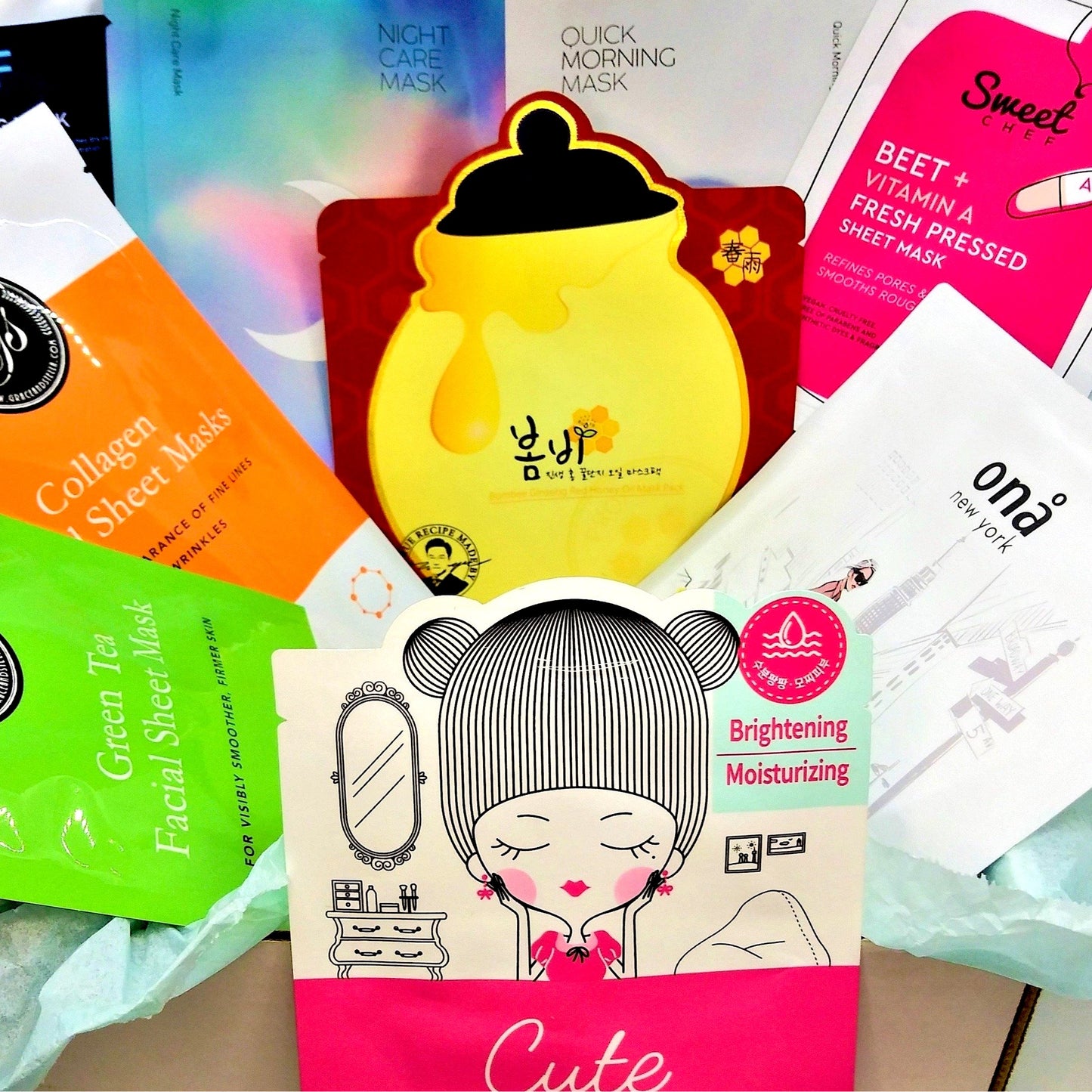 Sheet Mask Box containing 10 full size premium korean sheet masks focusing on every major skin care issue. excellent for all skin types including sensitive