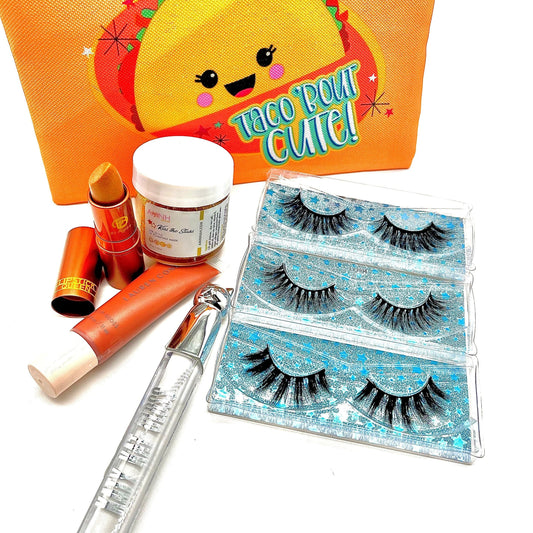 Lips & Lashes Gift Set Includes 3 Vegan Wispy 22mm Siberian Eyelashes, One Katy Kat Lip Gloss By Katy Perry, One Lipstick Queen Lipstick In Queen Bee, One Premium Lip Scrub (Brand Will Vary) One Free Beauty Bag To Carry All The Essentials.