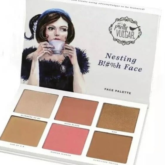 Pretty Vulgar Nesting B*tch Face Palette is a limited edition palette that is no longer in production or being manufactured. This limited edition high pigment Face palette offers 6 rare blush and bronzer shades that fits all skin types and tones. It’s made up of all natural cutlery free vegan ingredients you can feel good about using and this palette is great for all skin type including the most sensitive problematic skin. This palette is only available at Facetreasures.com or LadiesNGentz.com