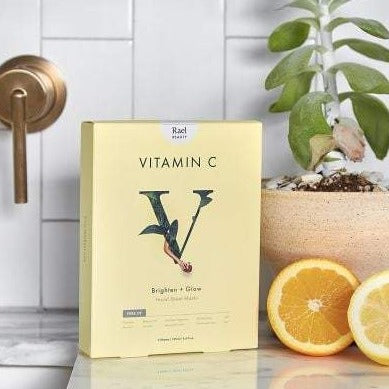 Vitamin C facial sheet masks visibly transform your complexion by clarifying uneven skin tone and brightening discoloration. The glow up is Rael. You will receive 5 K-beauty Sheet Masks Made With: Brightening Pomegranate Fruit Extract, exfoliating Fig Fruit Extract, and age-defying Citrus Fruit Extract.