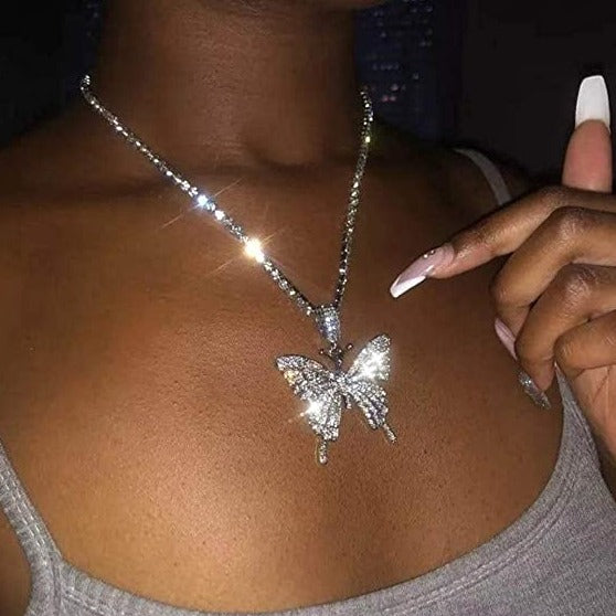 gold rhinestone butterfly silver or gold necklace