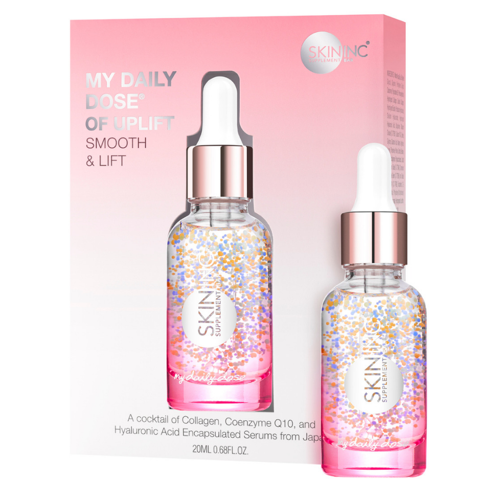 My Daily Dose of Uplift, a cocktail of encapsulated Collagen, Coenzyme Q10 and Hyaluronic Acid, delivers an anti-aging power punch, giving you smoother, firmer and younger-looking skin.