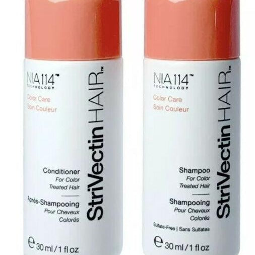Color Care Shampoo 1 oz. & Conditioner 1 oz. (2 piece set)- Strivectin Hair Color Care Shampoo & Conditioner is patented with NIA-114 + CHROMALAST PROTEIN COMPLEX. Keep color vibrant. Protective shampoo gently cleanses while forming a shield around the hair cuticle to defend against color fade. Removes dulling buildup to reveal shine and softness.
