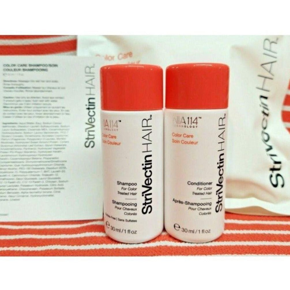 Color Care Shampoo 1 oz. & Conditioner 1 oz. (2 piece set)- Strivectin Hair Color Care Shampoo & Conditioner is patented with NIA-114 + CHROMALAST PROTEIN COMPLEX.  Keep color vibrant. Protective shampoo gently cleanses while forming a shield around the hair cuticle to defend against color fade. Removes dulling buildup to reveal shine and softness.