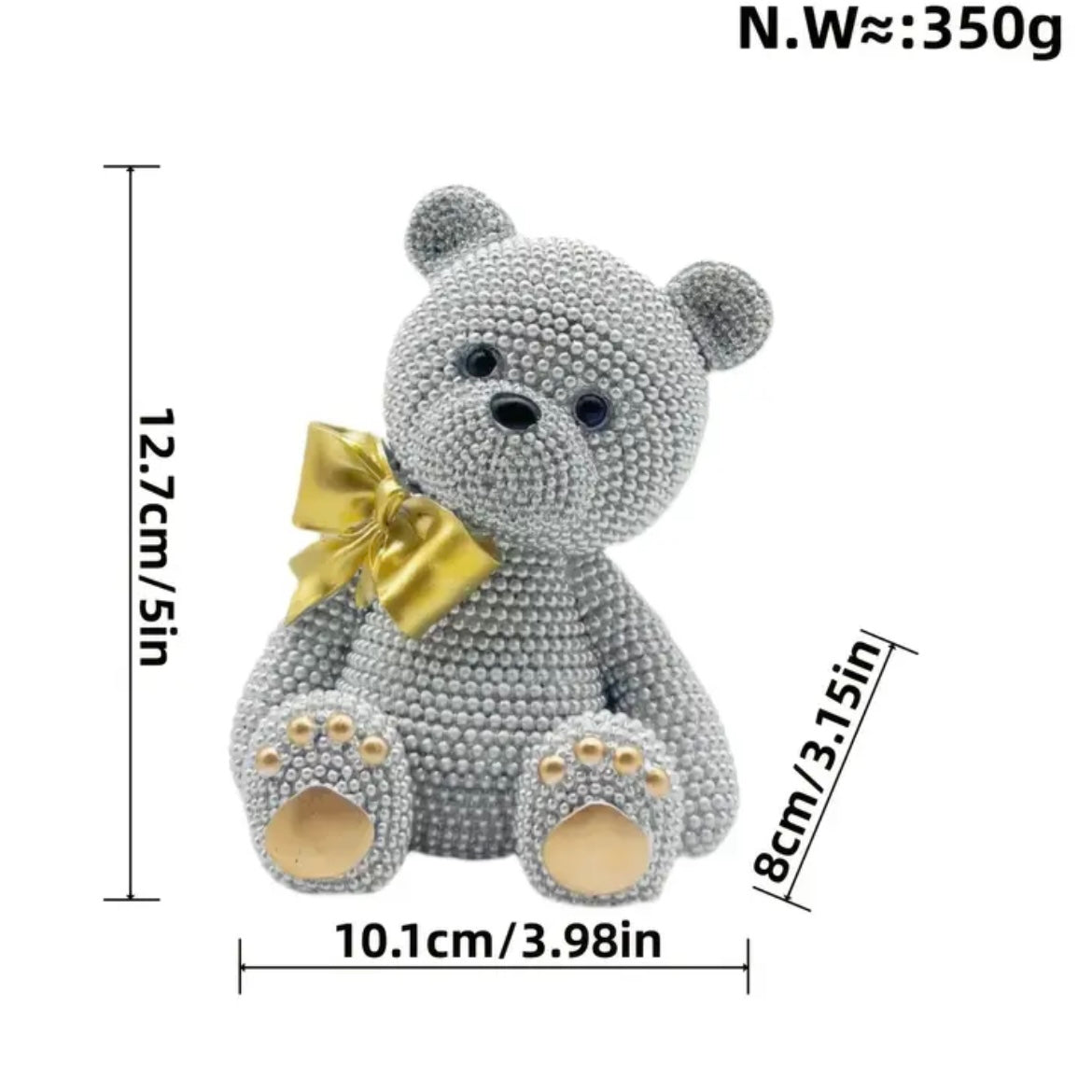 Handcrafted Teddy Bear w/ Mirror Shiny Beads & Bow - Gold & Silver Luxury Decor & Gift