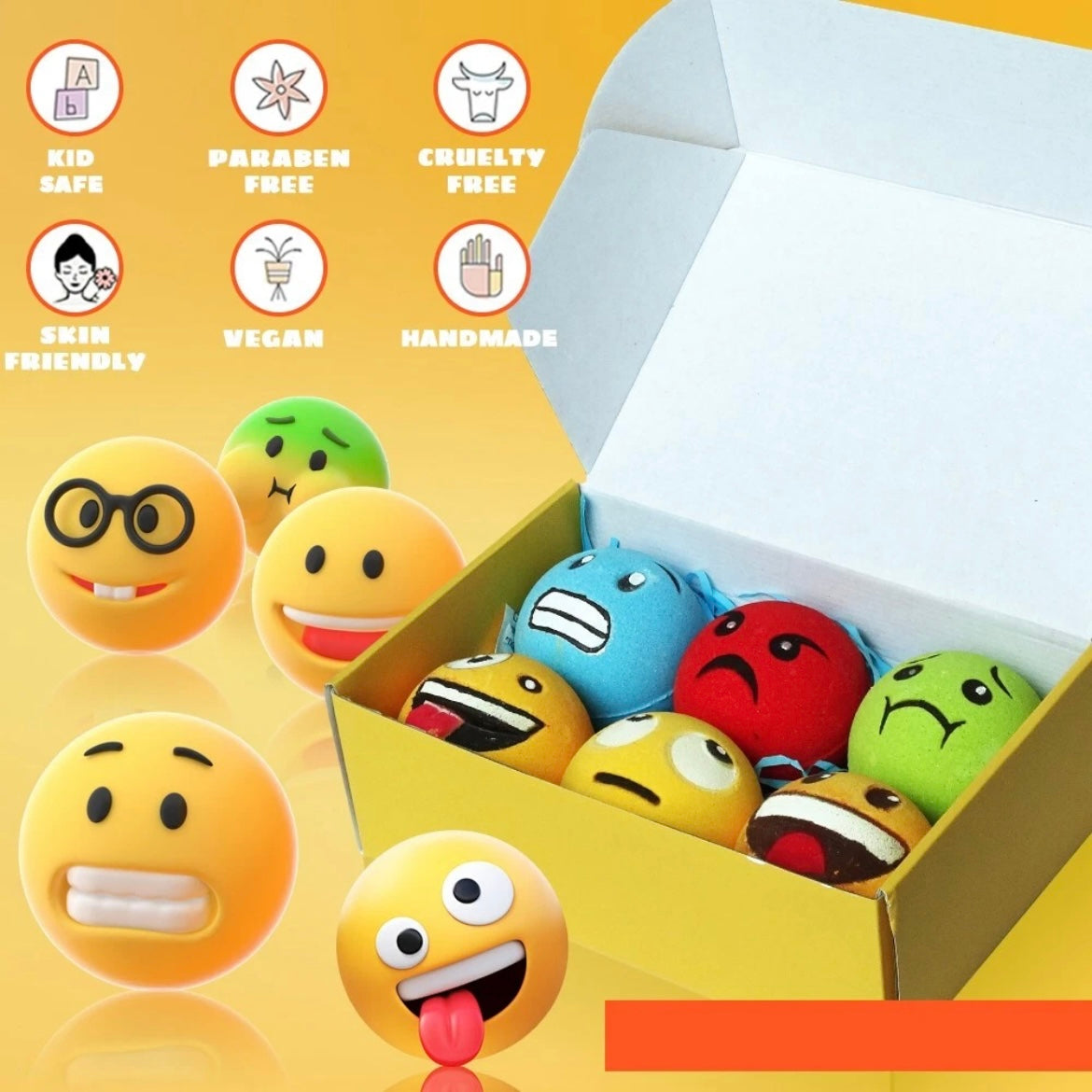 Emoji Bath Bombs for Kids & Adults – All-Natural, Vegan, Sensitive Skin Friendly, 6 Piece Fun Gift Set