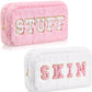 Pink or White Plush Makeup Bag with Glitter Lettering | TSA-Approved Cosmetic Bag