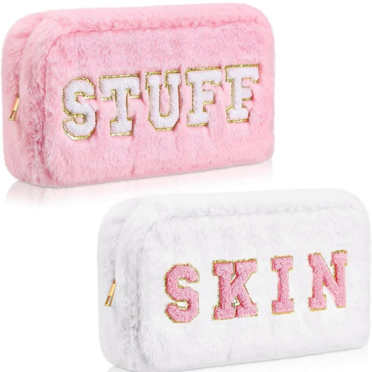 Pink or White Plush Makeup Bag with Glitter Lettering | TSA-Approved Cosmetic Bag