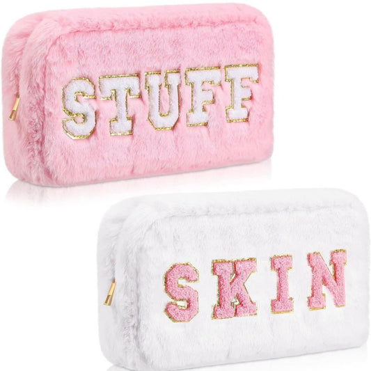 Bolsa de maquillaje de felpa rosa o blanca con letras brillantes | Bolsa de cosméticos aprobada por la TSA