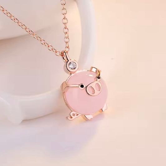 Handcrafted Rose Gold Piglet Pendant with Rose Quartz and Australian Crystal on 14k Vermeil Gold or Silver Chain