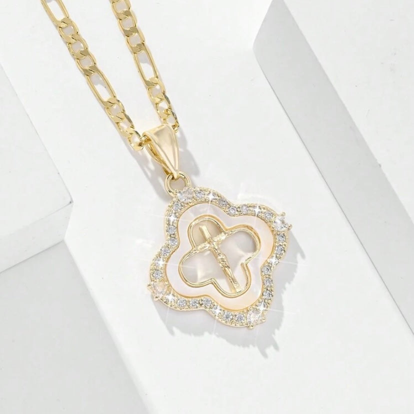 14k Vermeil Gold Cross Necklace with Mother of Pearl Shell & Crystal Studded Accents
