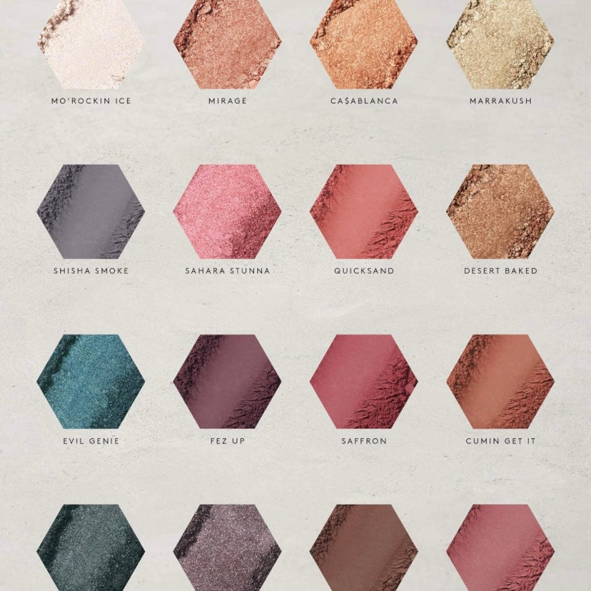 This photo is showing 16 different eyeshadow colors and their names 
From Fenty beauty moroccan eyeshadow, palette, limited edition, this eyeshadow palette is the very first cosmetic that launched the Fenty Beauty cosmetic to begin with. This beauty lined came to life and was created by Grammy award-winning, singer, songwriter & Actress “Rihanna” over five years ago. 