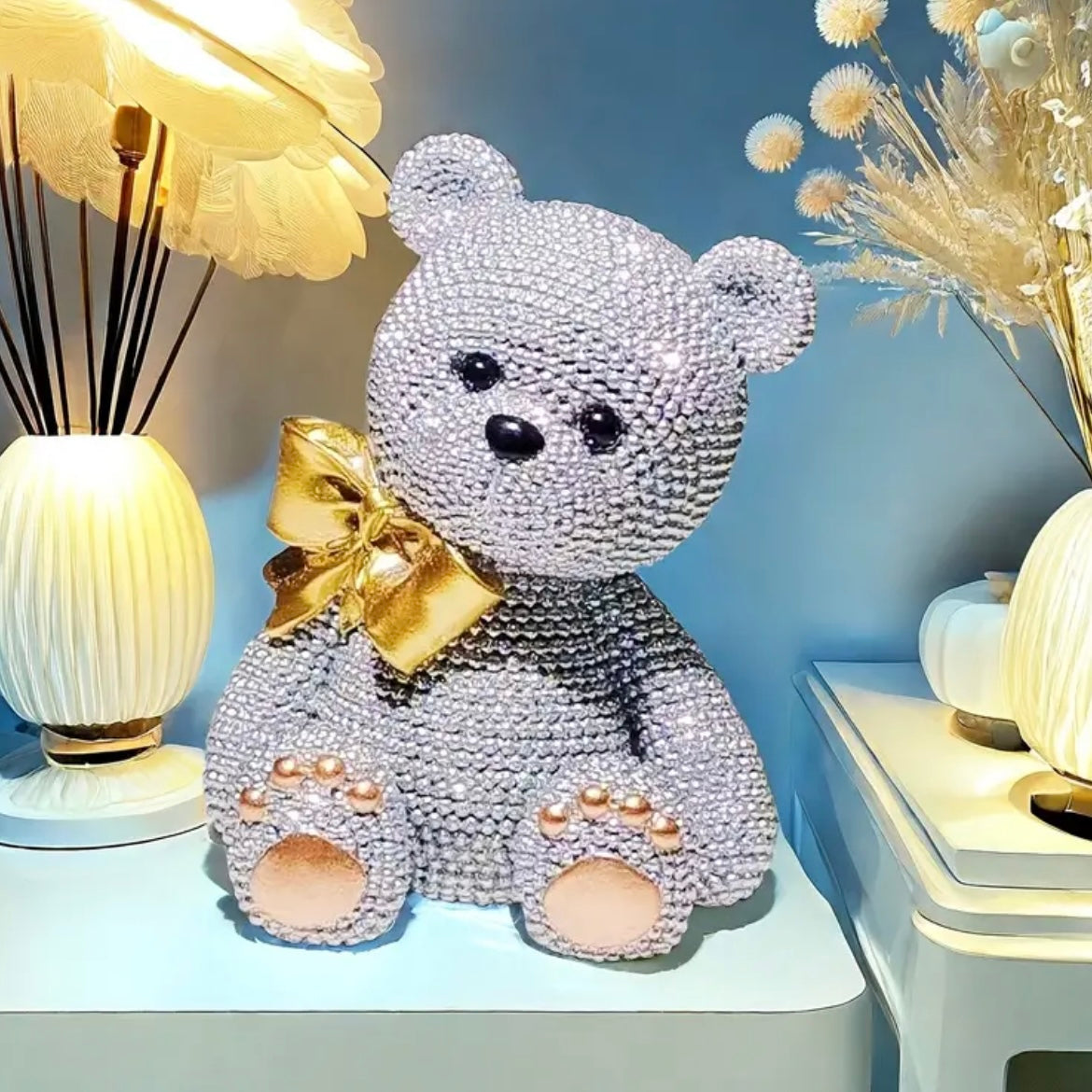 Handcrafted Teddy Bear w/ Mirror Shiny Beads & Bow - Gold & Silver Luxury Decor & Gift