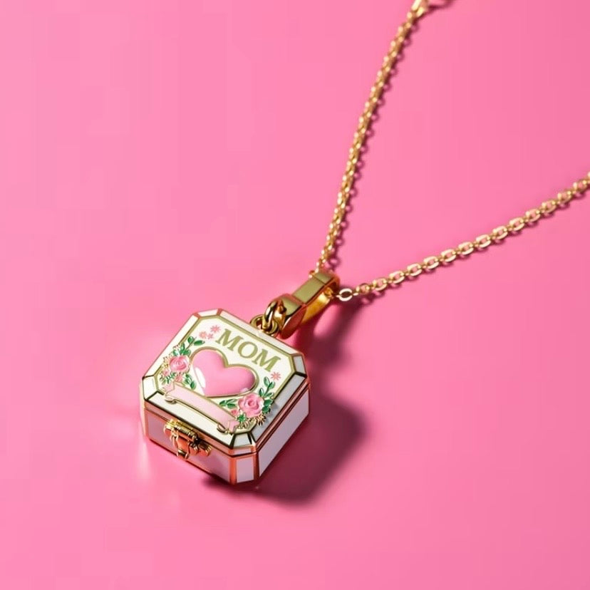 Gold Mom Gift Box Necklace – Pink Heart Locket Pendant for Mother’s Day, Birthdays Or Just Because