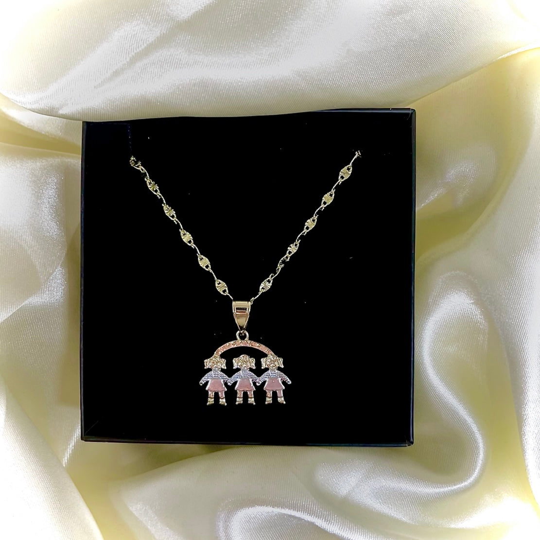 Tri-Color 3 Sister Silver, Gold, Rose Gold Pendant On 17inch Necklace