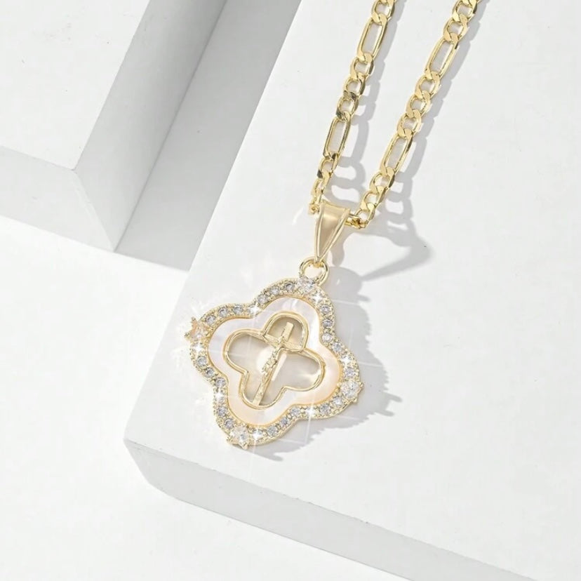 14k Vermeil Gold Cross Necklace with Mother of Pearl Shell & Crystal Studded Accents