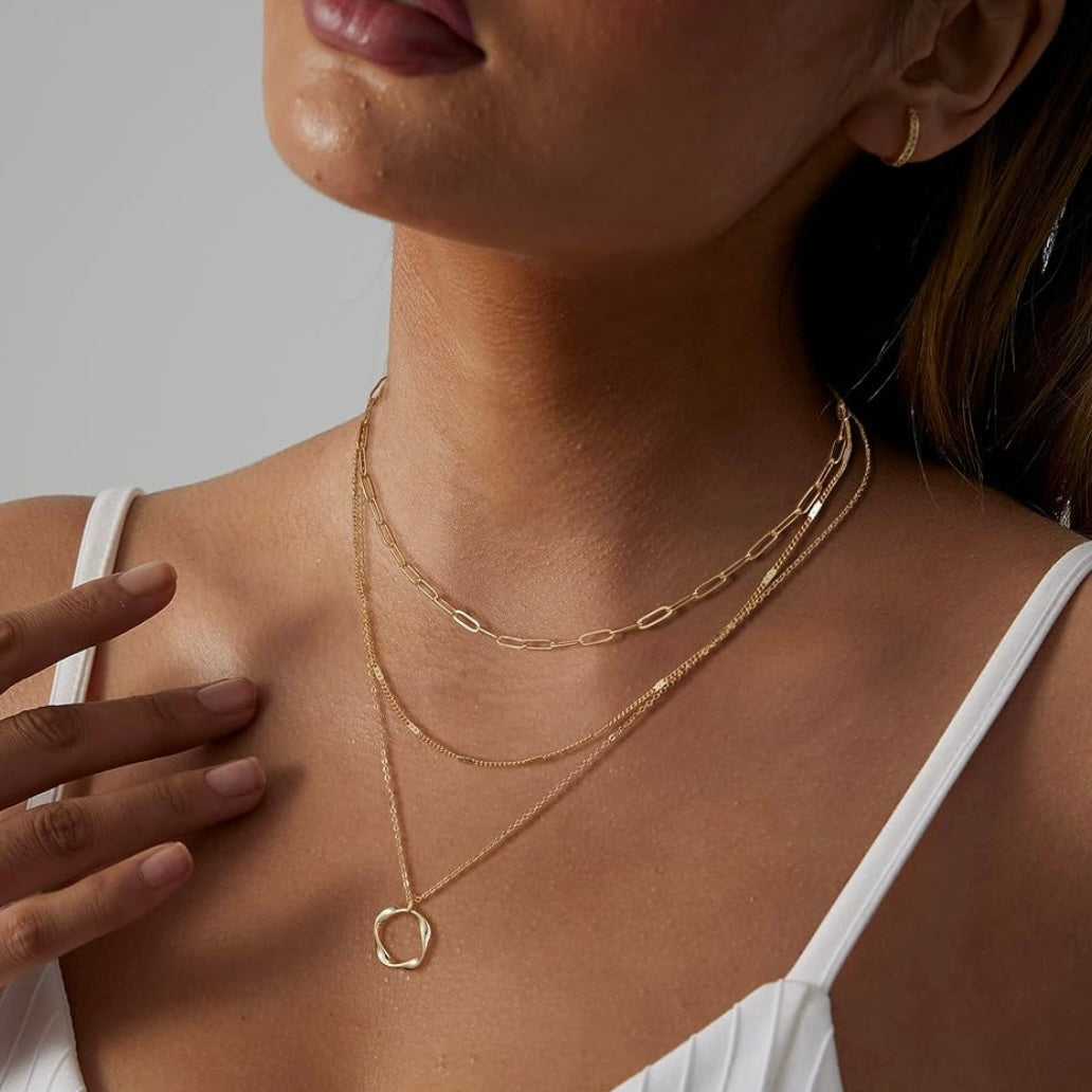 3-Piece Gold Or Silver Layered Necklace Set | Elegant Chain with Circle Pendant | Hypoallergenic