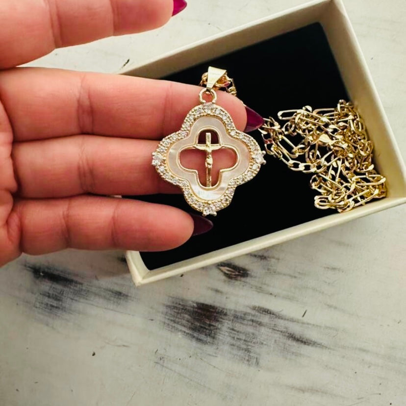 14k Vermeil Gold Cross Necklace with Mother of Pearl Shell & Crystal Studded Accents