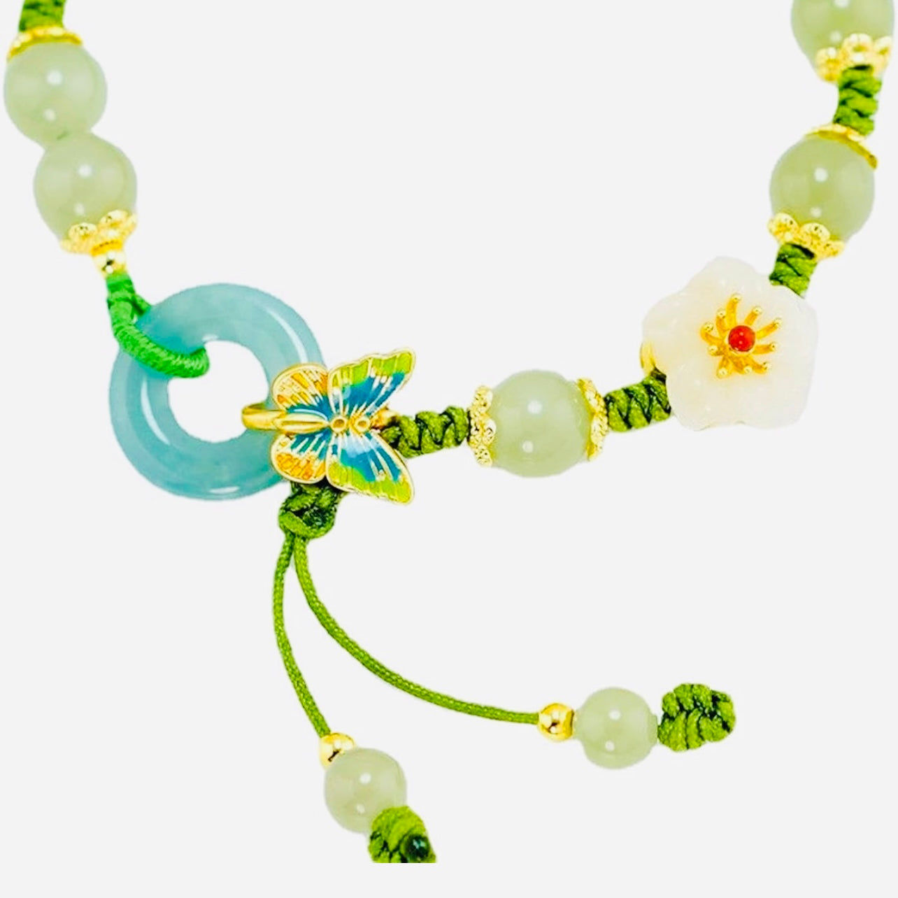 Jade Stone Beaded Bracelet with Flower ands Butterfly Jade Accents for Prosperity and Luck
