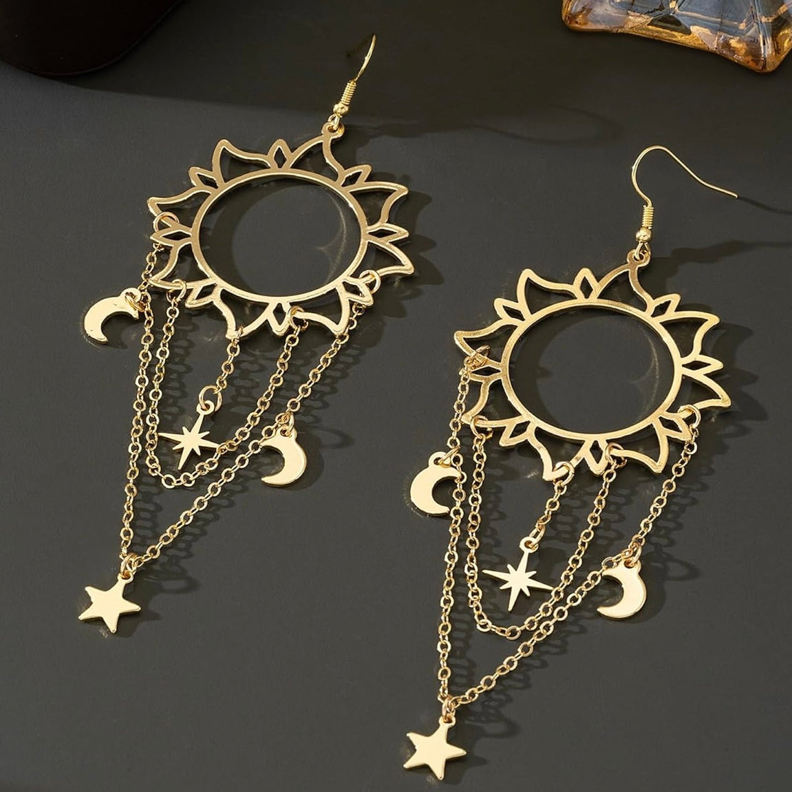 Sun star moon gold hypoallergenic dangle earrings