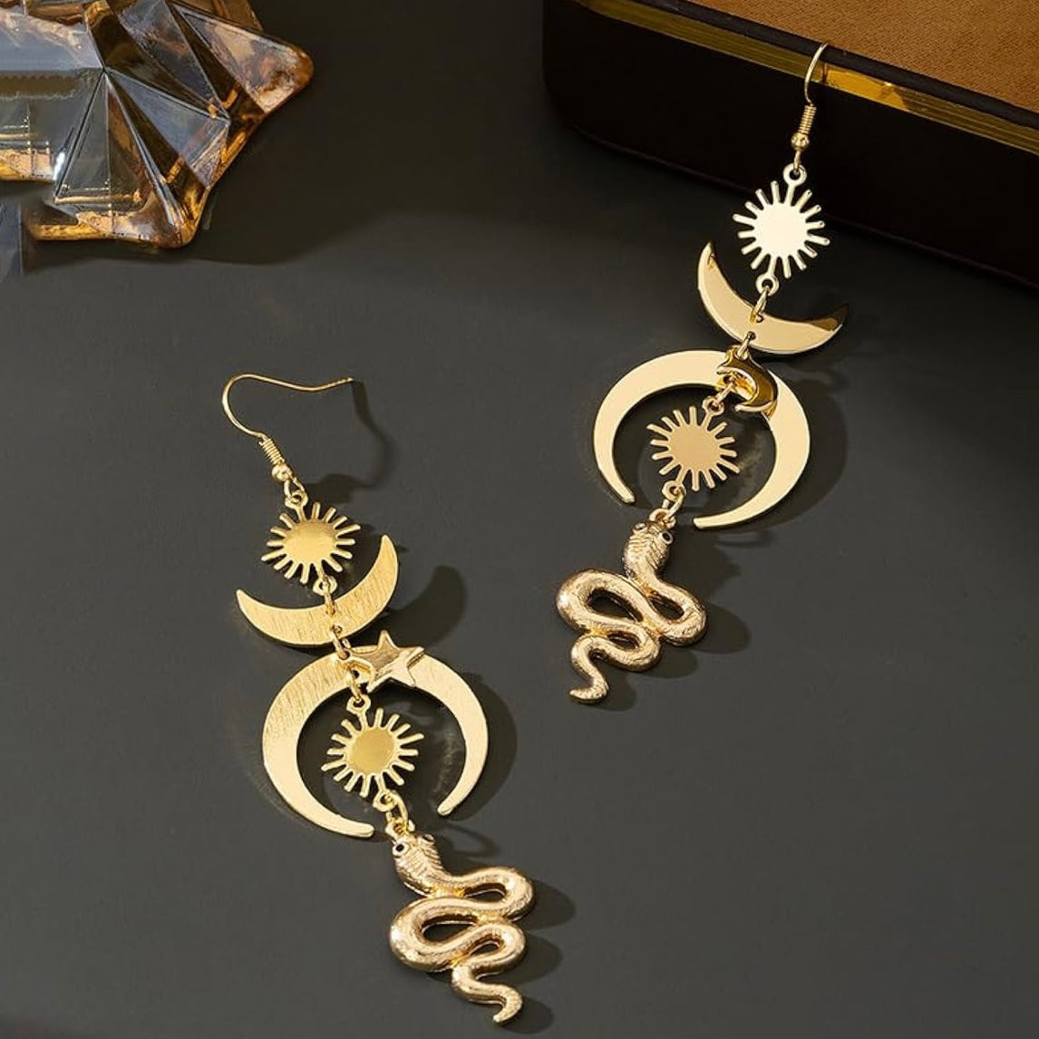 Gold Celestial Snake Dangle Earrings – Mystical Moon & Star Jewelry for Bold Style