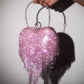Glitter Diamond Heart-Shaped Handbag with Tassel and Adjustable Shoulder Chain in Passion Pink Punanny or Gold Digger Diamond