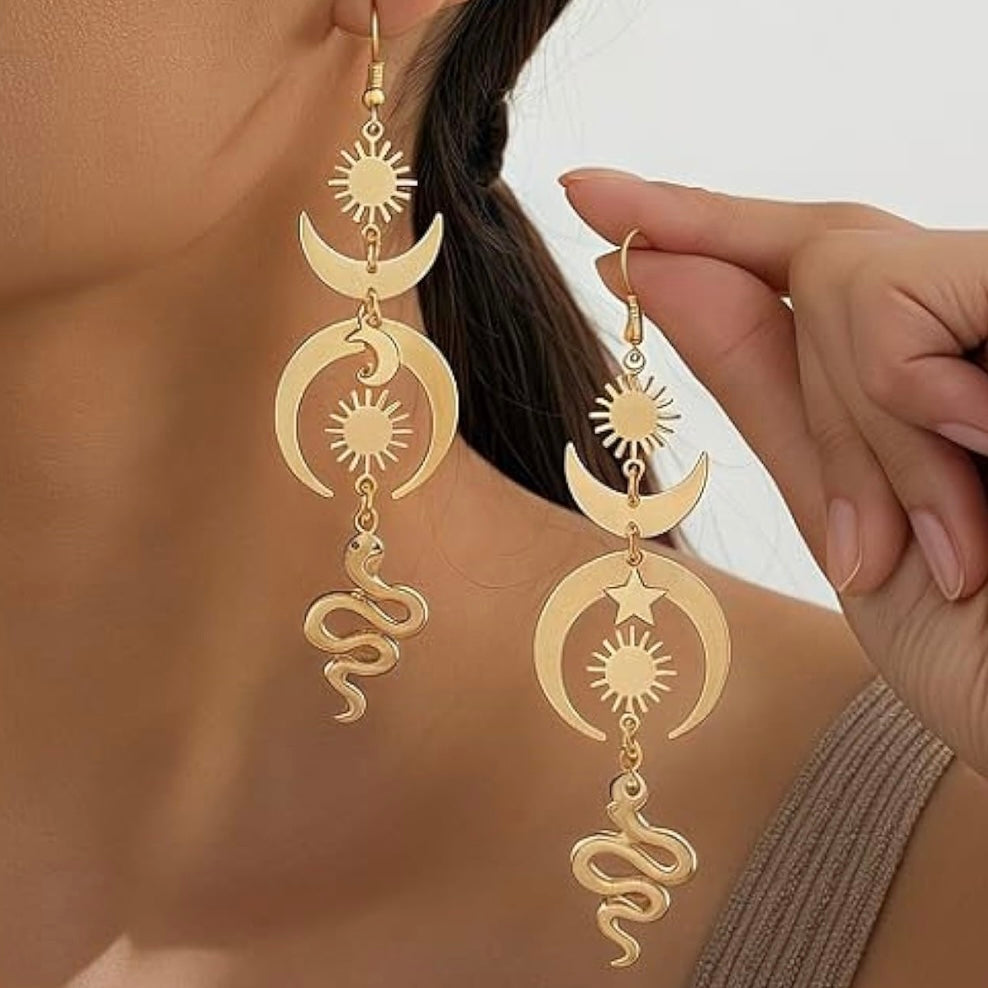 Gold Celestial Snake Dangle Earrings – Mystical Moon & Star Jewelry for Bold Style