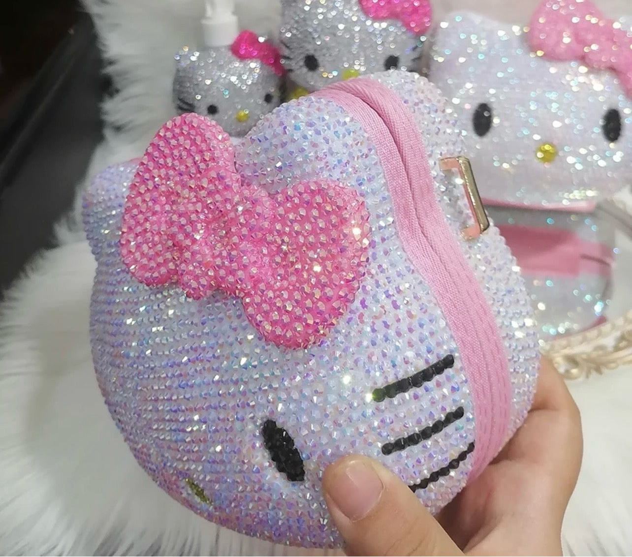 Kawaii Hello Kitty Crystal Sapphire Blinged Out Adjustable Cat Handbag, Evening Bag, Crossbody Bag | Limited Edition, Collectible