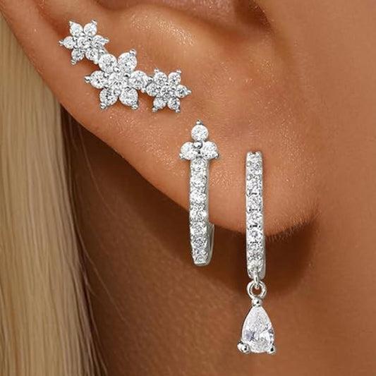 3-Piece Cubic Zirconia Huggie & Stud Earring Set – Gold Or Silver Ear Stack for Multiple Piercings