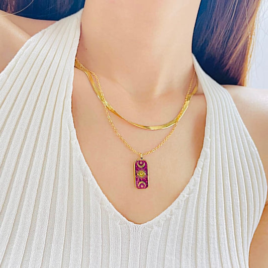 14k Vermeil Gold Layered Double Necklace – Minimalist Herringbone & Sun Tarot Pendant Necklace