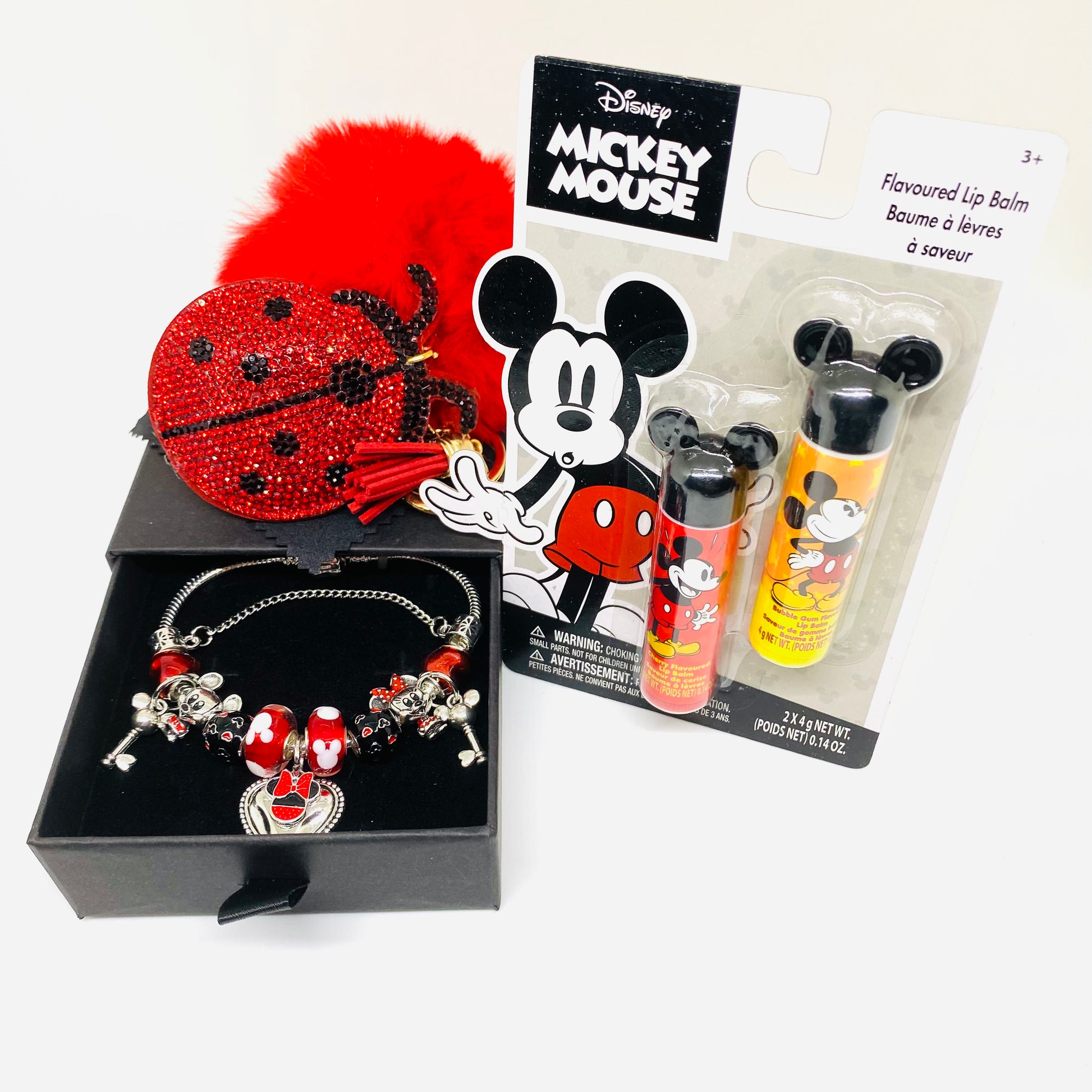 2024 Disney & Friends Vintage Mickey Mouse Silver Charm Bracelet Bundle Includes a matching Duo Disney Chapstick Bundle In The Flavor Bubble Gum & Cherry & One Red and Black sequence Lady Bug Sparkly Gold Keychain With fur Ball Attachment.
