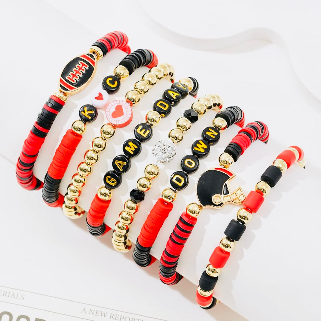 KC GameDay Red, Black, Gold CZ 8 Piece beaded Friendship Bracelet Set