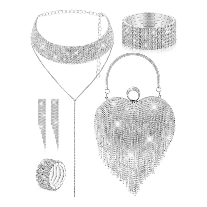 Glitter Diamond Heart-Shaped Tassel Handbag w/Adjustable Shoulder Chain in 4 Different Colors