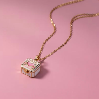 Gold Mom Gift Box Necklace – Pink Heart Locket Pendant for Mother’s Day, Birthdays Or Just Because