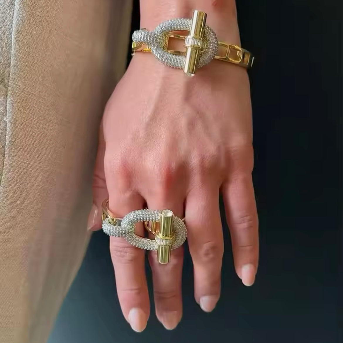 Elegant 10k Gold and Silver Buckle Bracelet & Matching Adjustable Double Finger Buckle Ring Set - Unique Intertwined Design