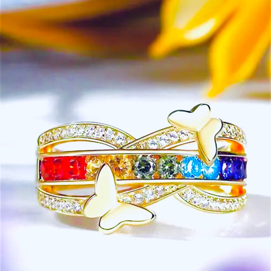 Butterfly Gold Ring with Multicolored Flawless Cubic Zirconia Gemstones, Sizes 7, 8, 9