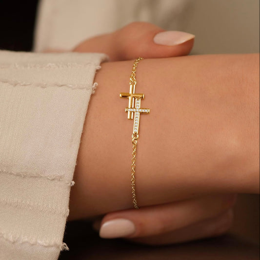 10k Gold Double Cross CZ Bracelet – Adjustable Faith & Sparkle Chain